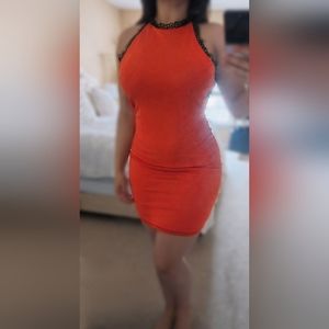 [SOLD]Leoni Paige Orange Dress with Black Lace Zip Up Back
